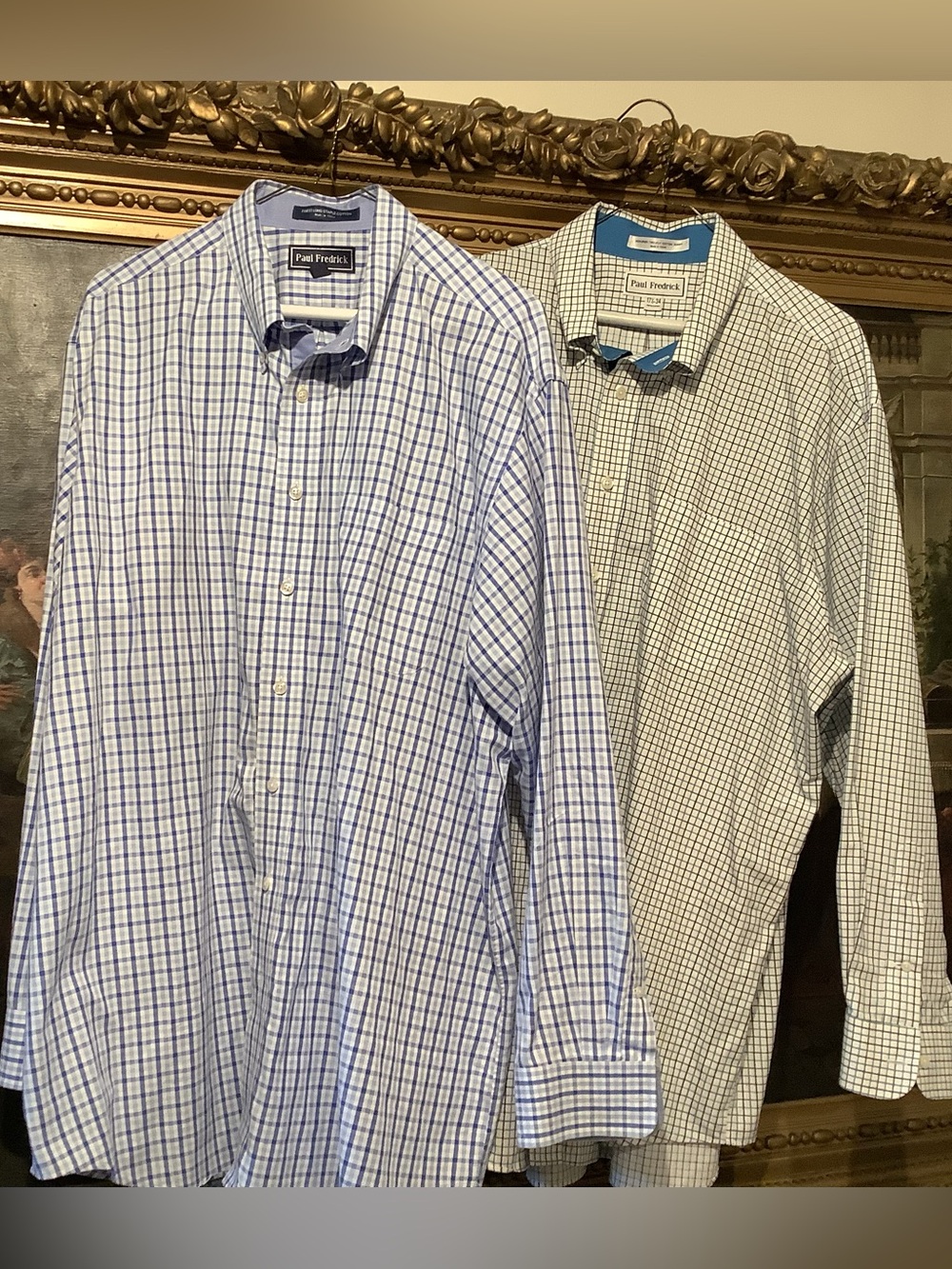 Pair of Paul Fredrick Blue and White Plaid Men's Button-Down Shirts - Sz 17.5/34